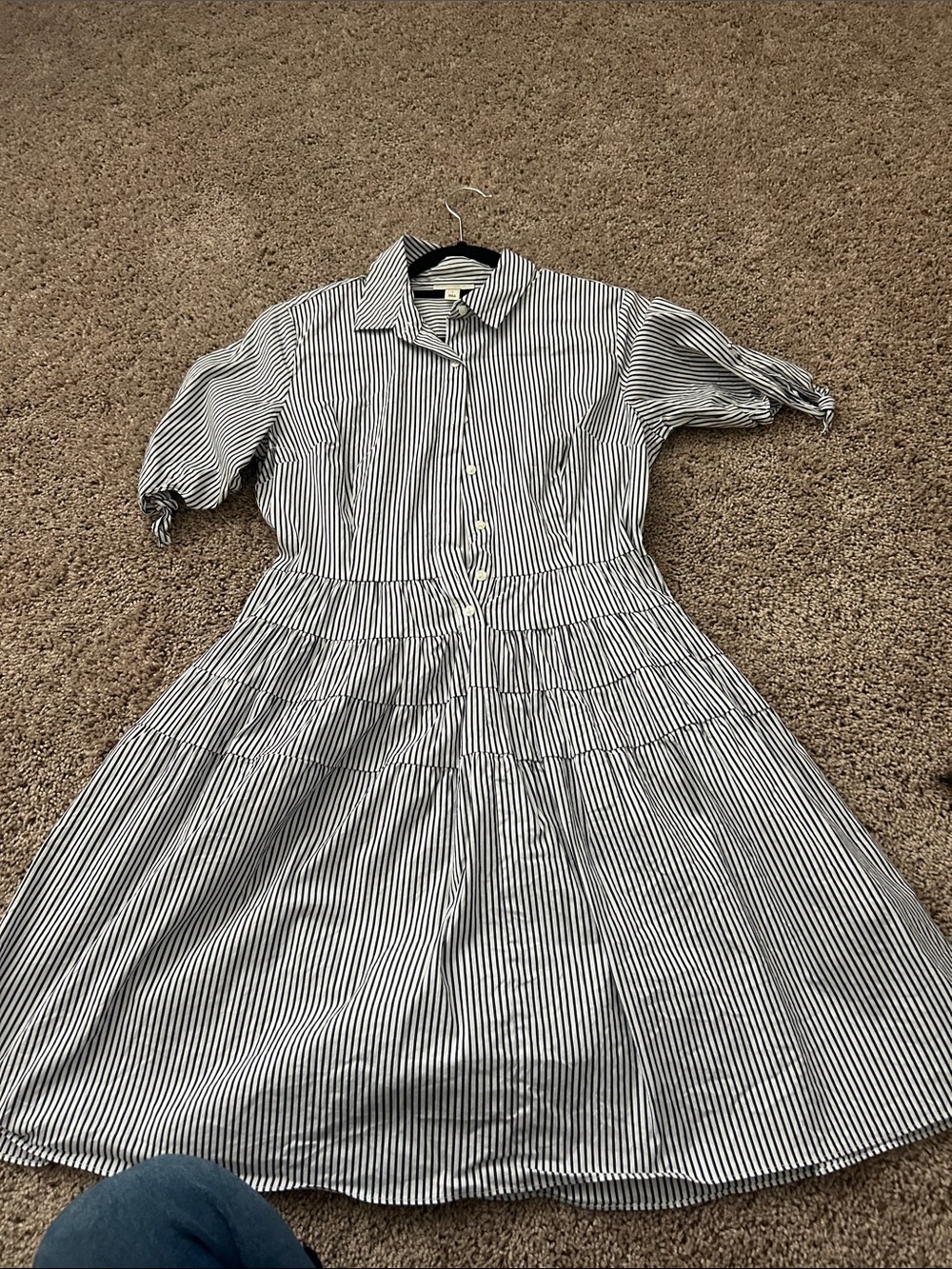 Maison Jules Navy & White Vertical-Stripe Midi Shirt Dress
